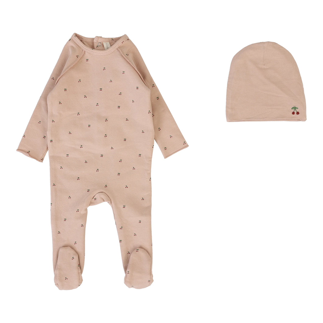 Cherry print footie set - Dusty pink