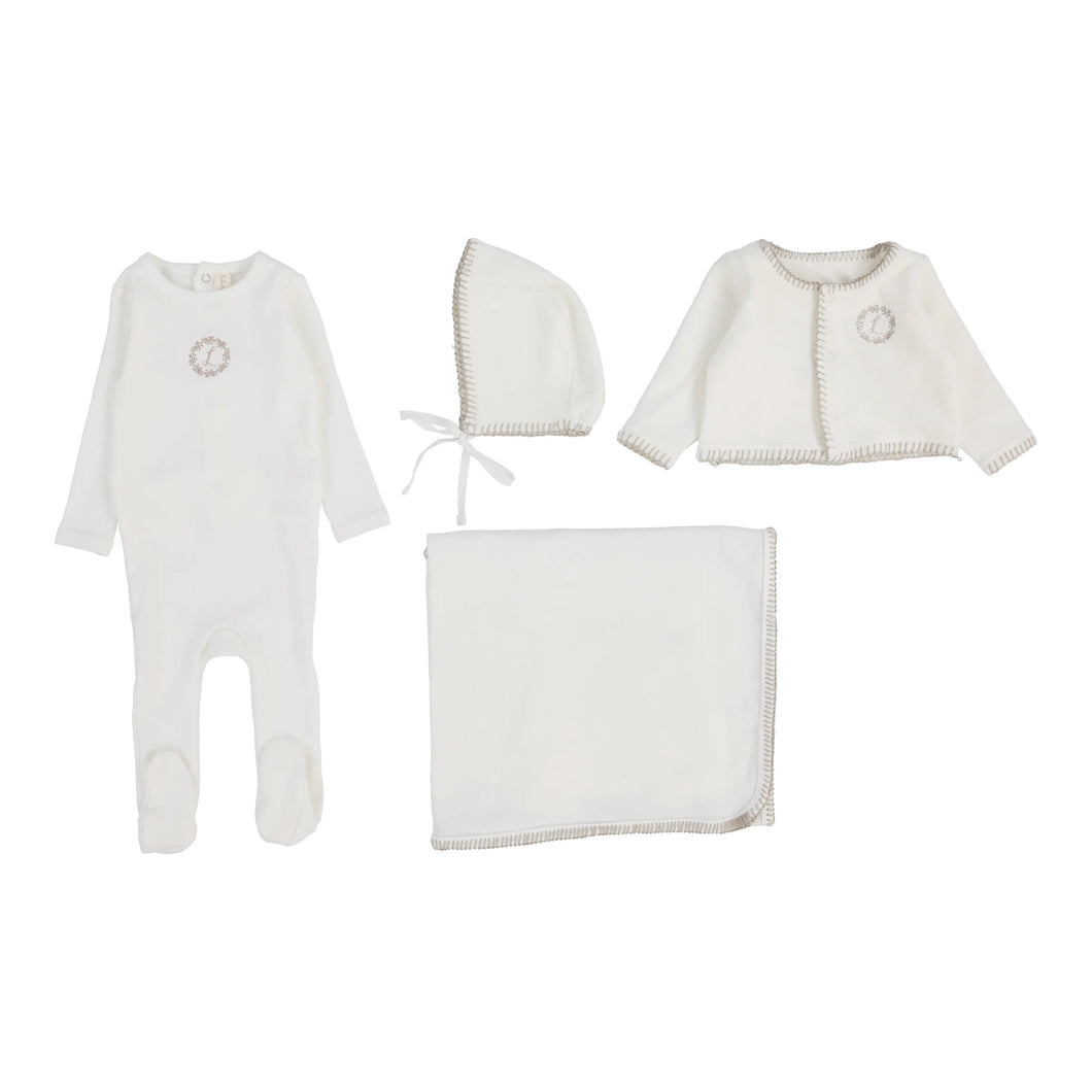 Velour cardi layette set - cream/oat