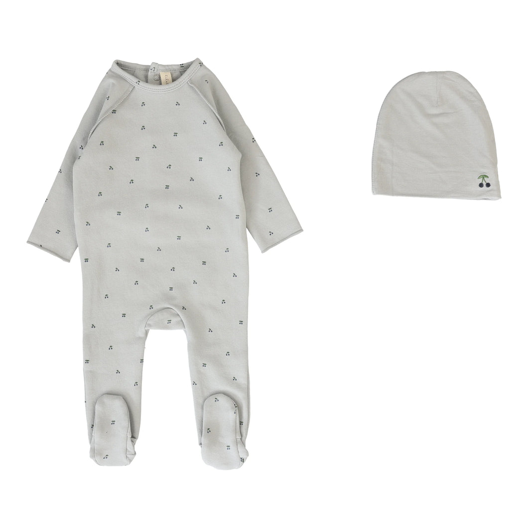 Cherry print footie set - Pale blue