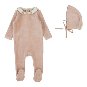 Velour collar footie set - dusty pink