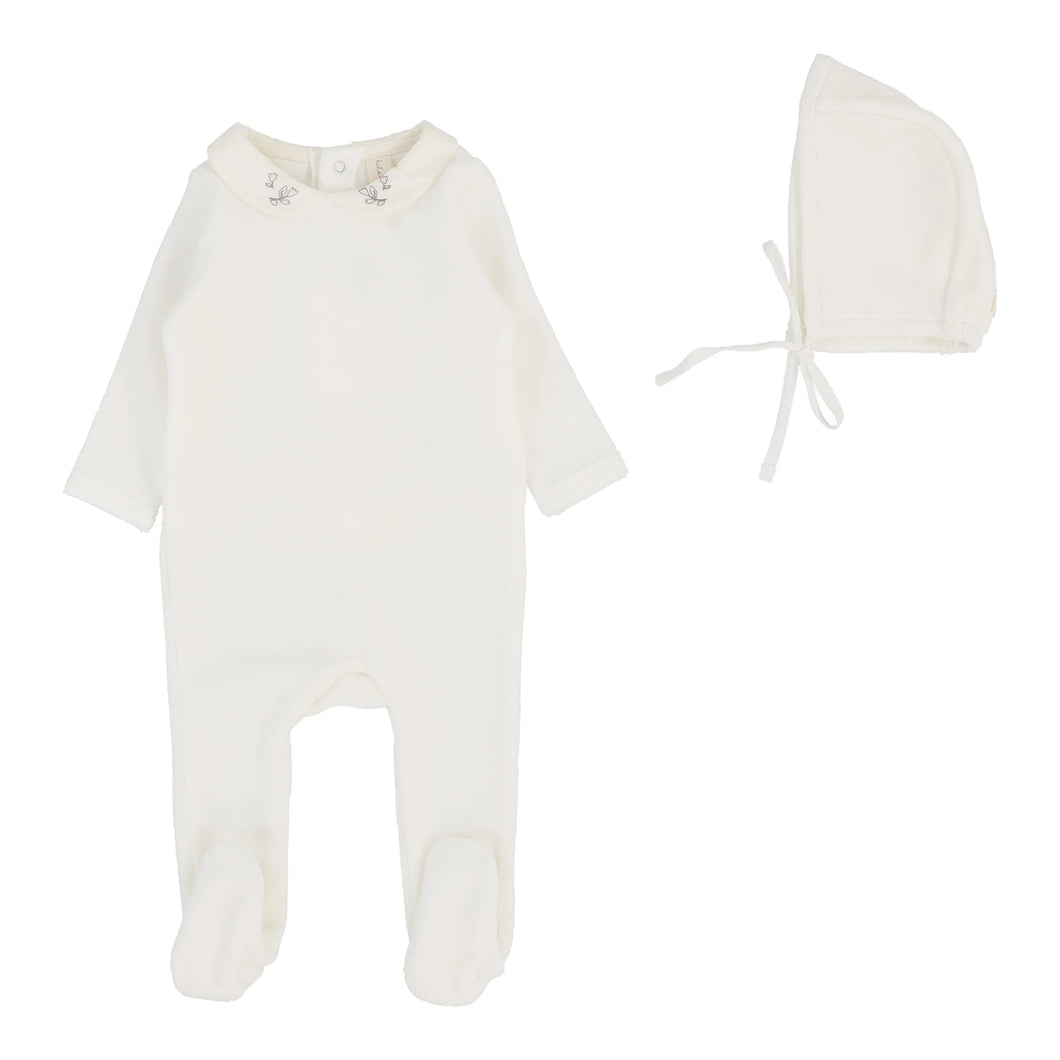 Velour collar footie set - cream/oat