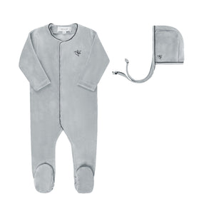 Velour embroidered bird footie and bonnet - Blue