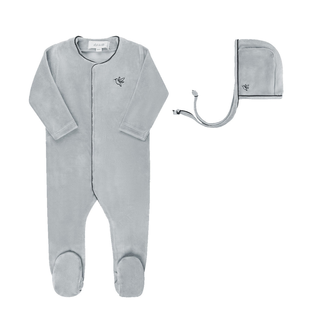 Velour embroidered bird footie and bonnet - Blue