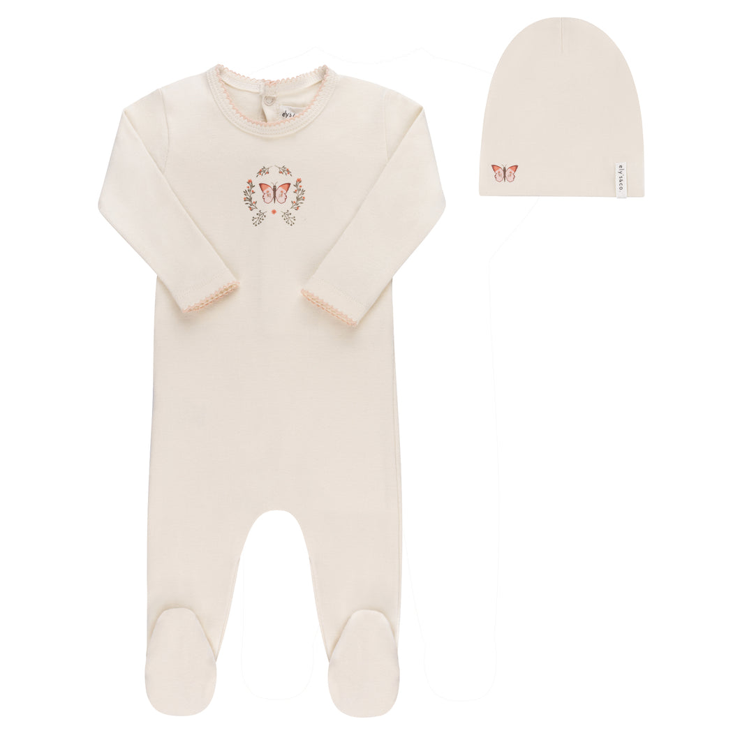 Garden floral center collection footie and beanie - ivory girl