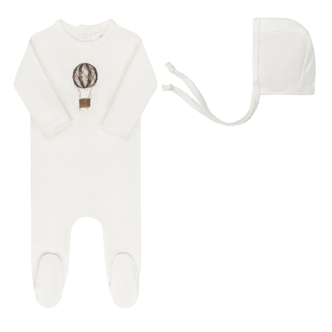 French terry hot air balloon collection footie and bonnet - Ivory/Blue
