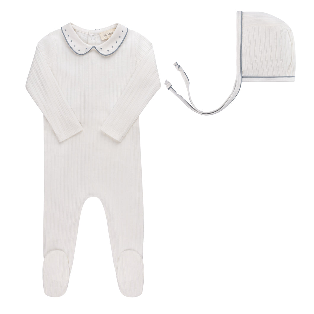 Wave collection - tulip collar footie and bonnet - ivory pin dot