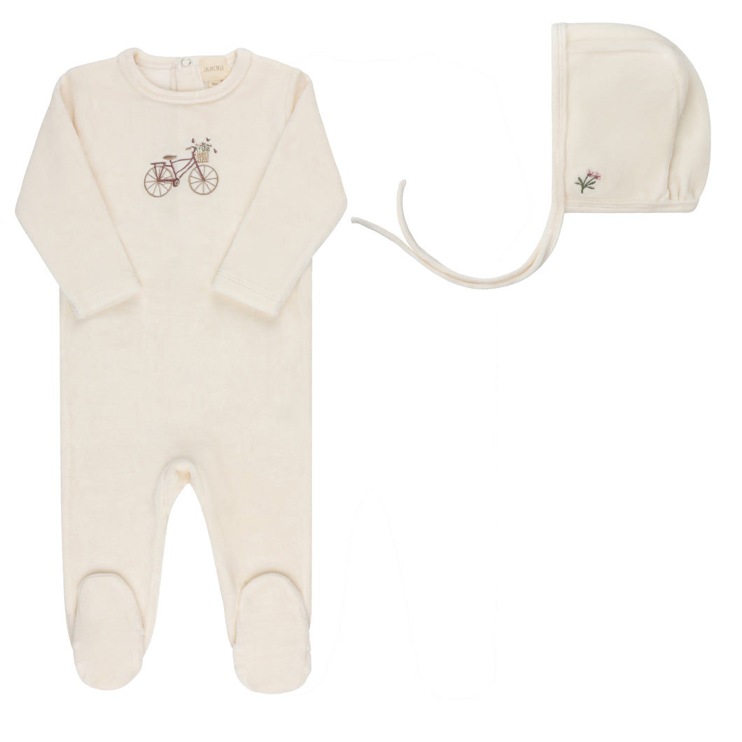 Velour bicycle collection footie and bonnet - Ivory girl