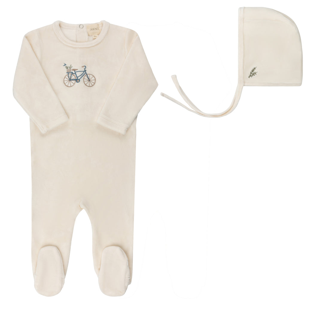 Velour bicycle collection footie and bonnet - Ivory boy