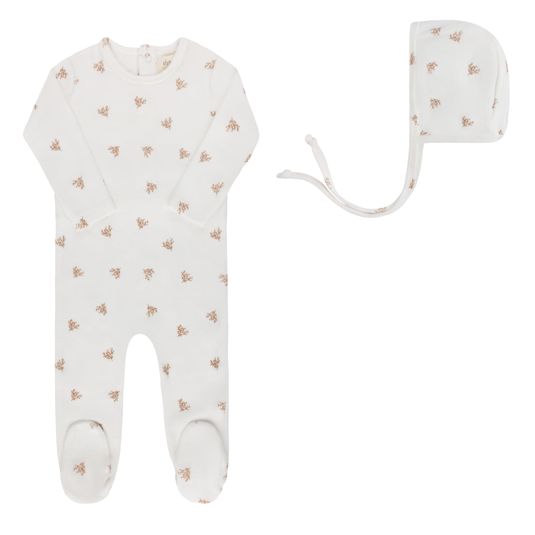 Velour leaf pattern collection  - Footie and bonnet - Ivory boy