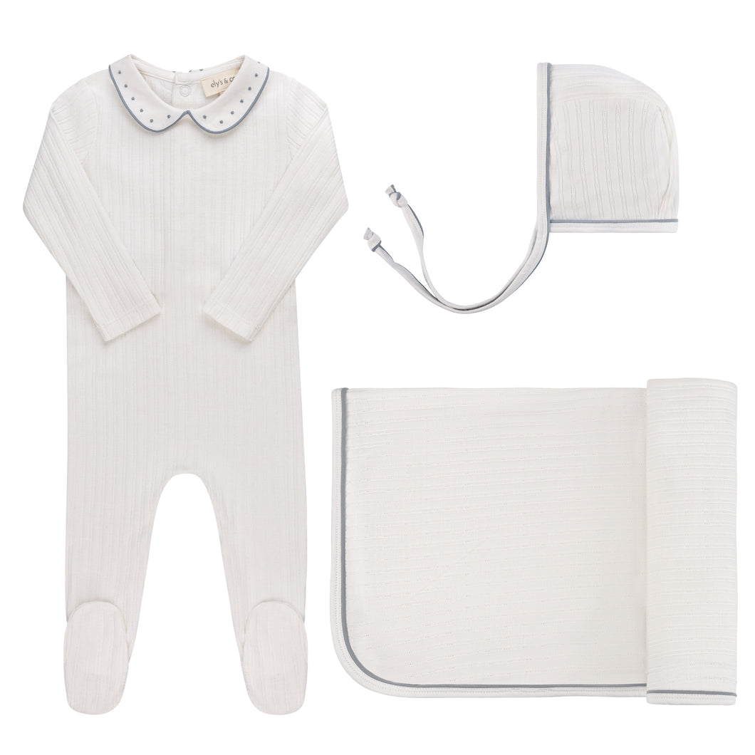 Wave collection - tulip layette set - ivory pin dot
