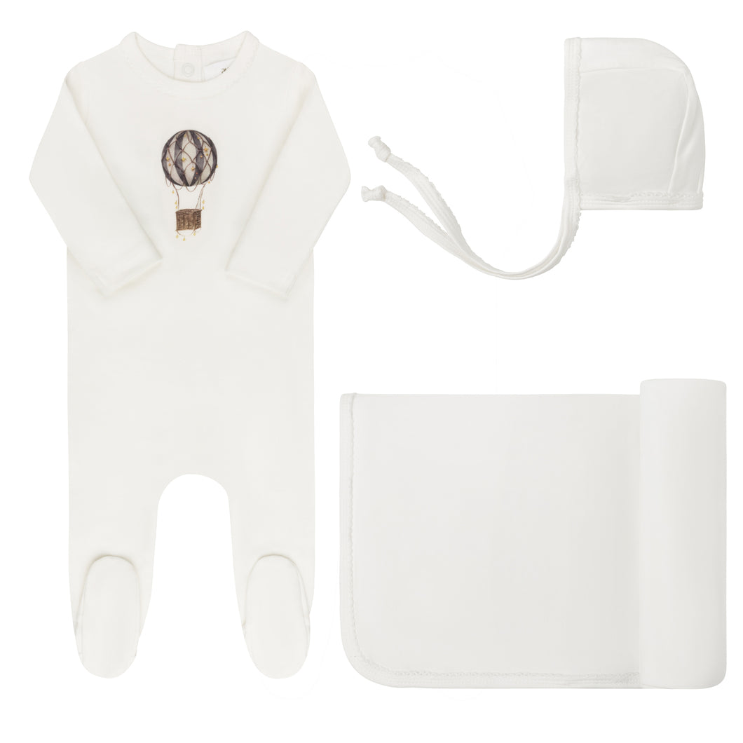 French terry hot air balloon collection layette set - Ivory/Blue
