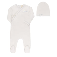 Load image into Gallery viewer, Organic amore pointelle footie and beanie - ivory/metallic blue
