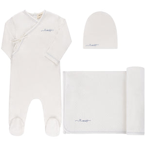 Organic amore pointelle layette set - ivory/metallic blue