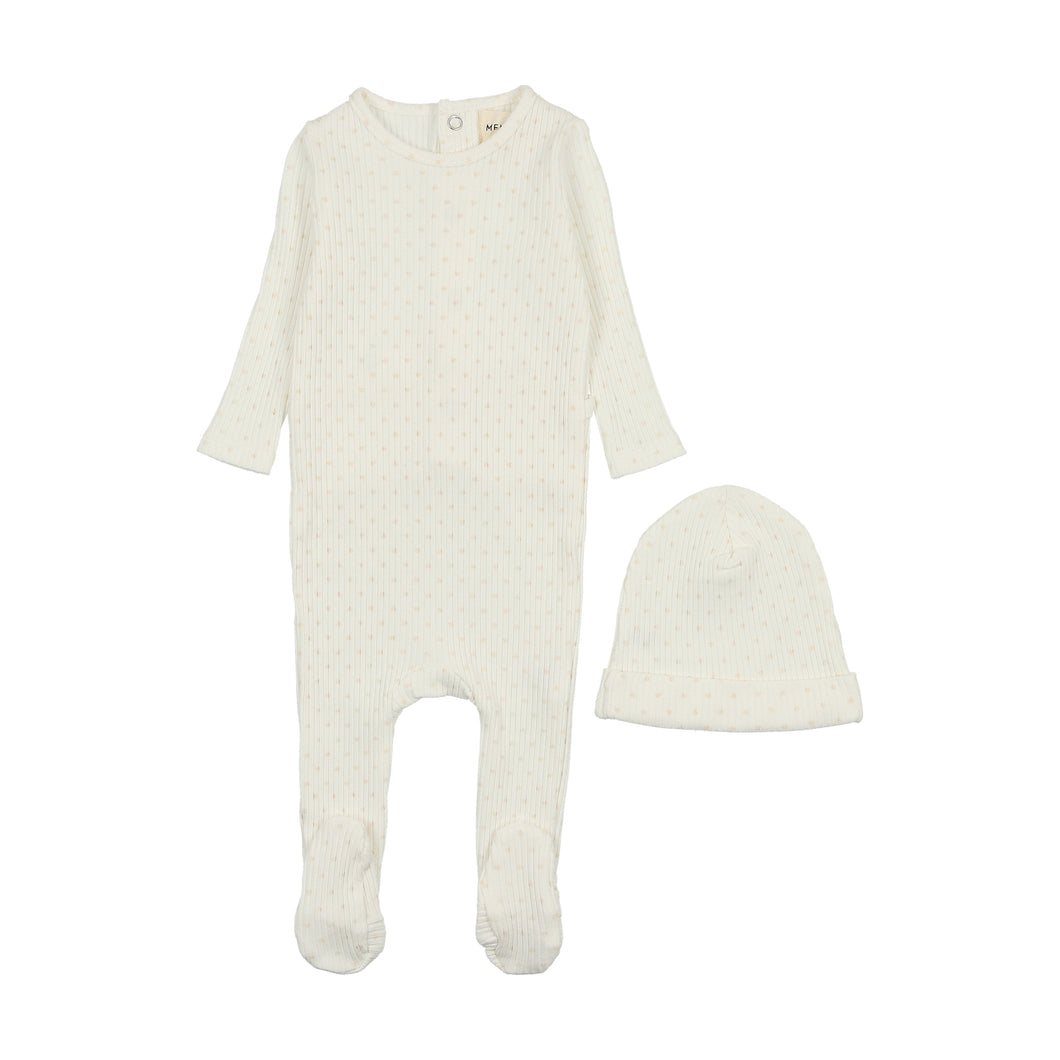 Wide ribbed heart textured footie and beanie - Winter white/pink hearts