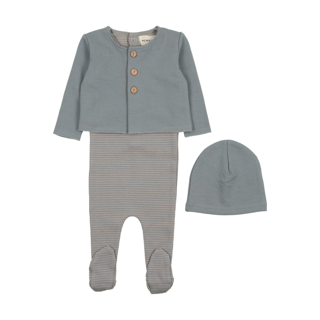 Striped footie with cardigan and beanie - Dove/oatmeal