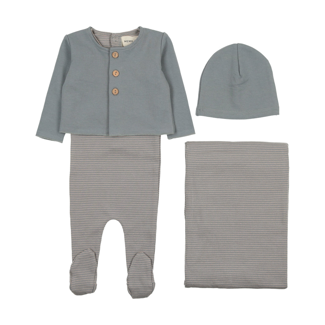 Striped layette set with cardigan - Dove/oatmeal stripes
