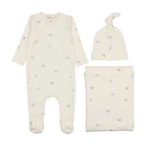 Picot edge layette set - Winter white/blue vine print