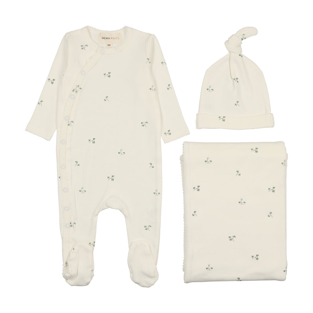 Picot edge layette set - Winter white/blue vine print