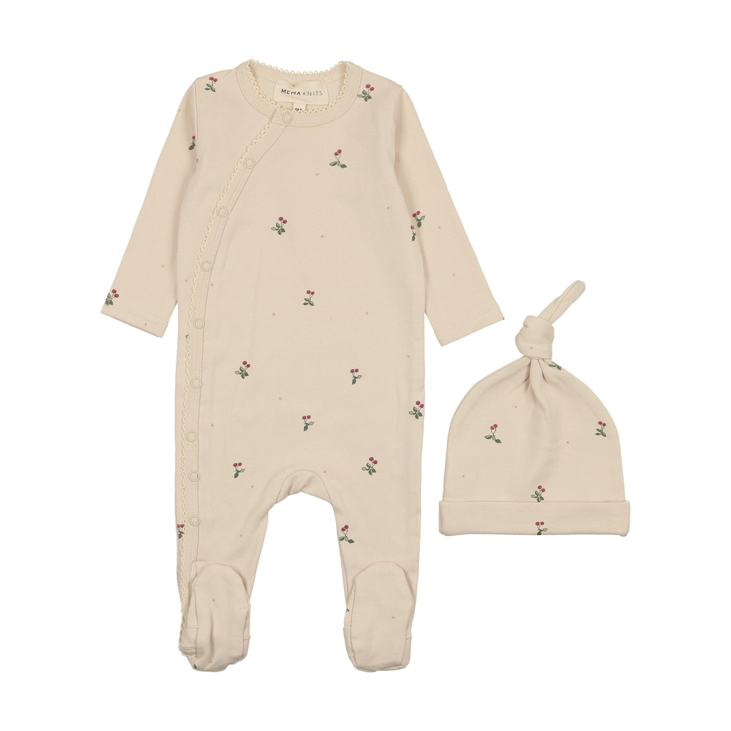 Picot edge footie and beanie - Ecru/cherry print