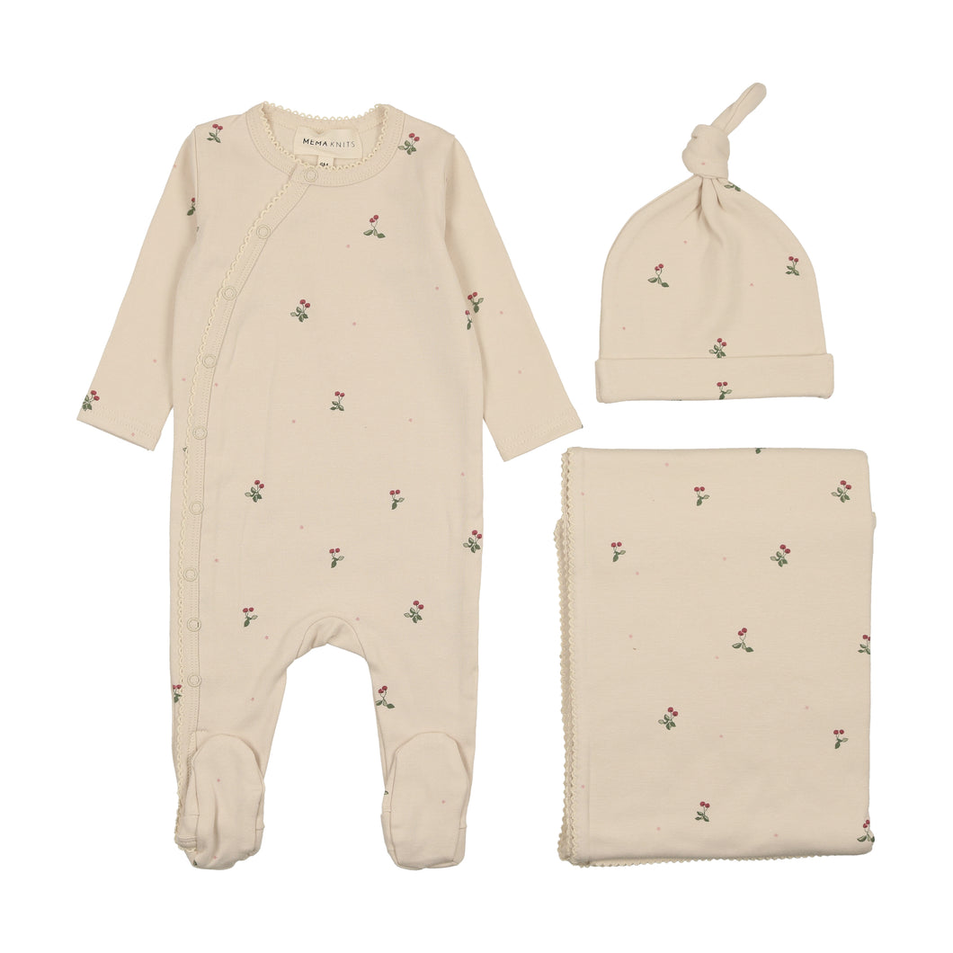 Picot edge layette set - Ecru/cherry print