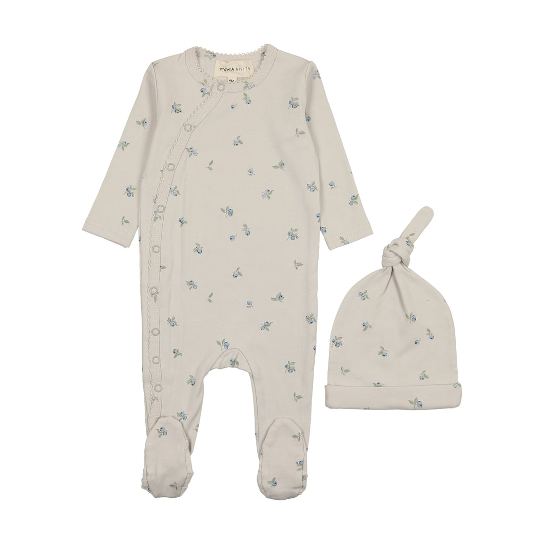 Picot edge footie and beanie - Cloud/blueberry print
