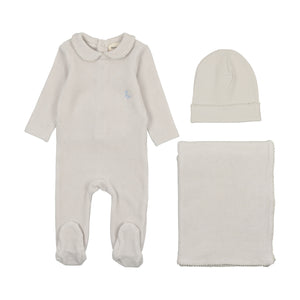 Mema Knits Picot Edge Velour 3PC Set - Cloud Mema Knits Picot Edge Velour 3PC Set - Cloud