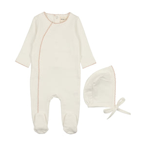 French terry picot edge footie - Winter white/pink