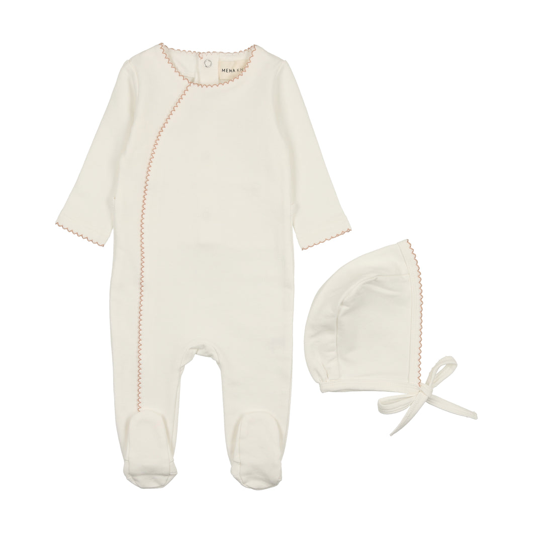French terry picot edge footie - Winter white/pink