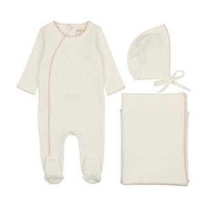 French terry picot edge layette set - Winter white/pink