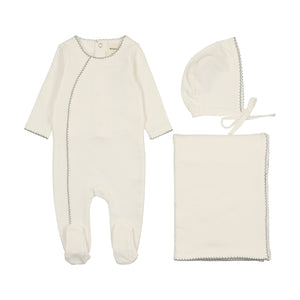 French terry picot edge layette set - Winter white/powder blue