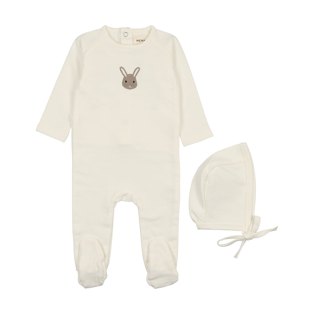 French terry embroidered animal footie and bonnet - Winter white/bunny