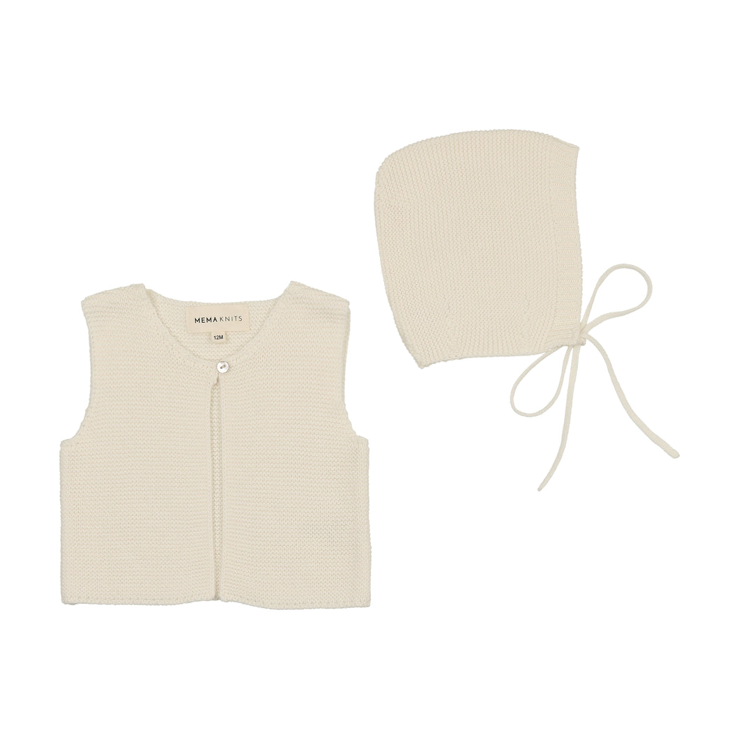 Knit one button crop vest and bonnet - Cream