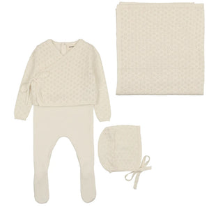 Jumper footie, cardigan, bonnet and blanket set - Cream