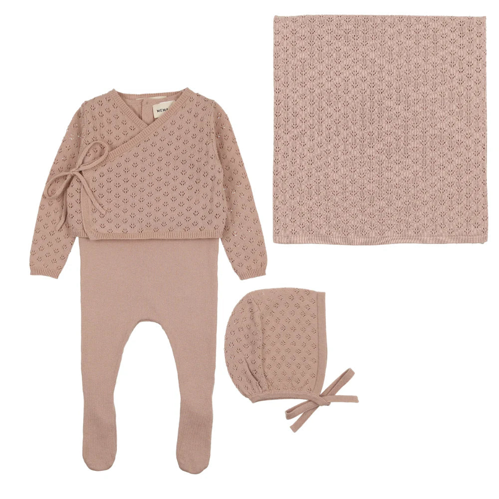 Jumper footie, cardigan, bonnet and blanket set - Dusty pink