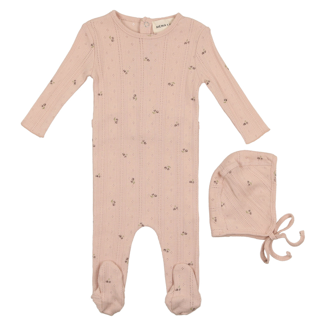 Cherry printed pointelle footie - old rose