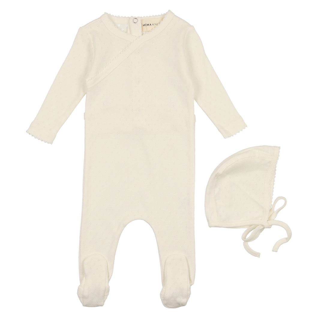 Pointelle footie + bonnet - white