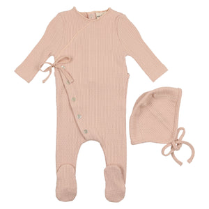 Textured knit footie + bonnet - old rose