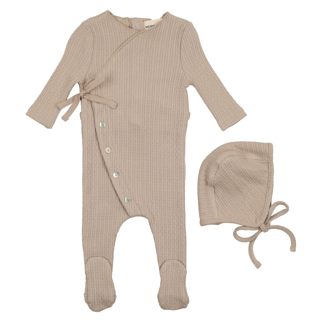 Textured knit footie + bonnet - oatmeal