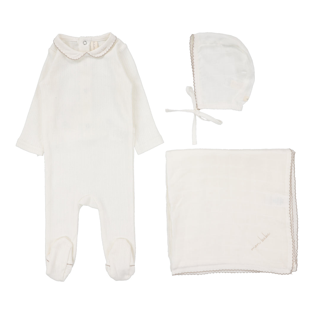 Edged collar layette set - Winter white/oat