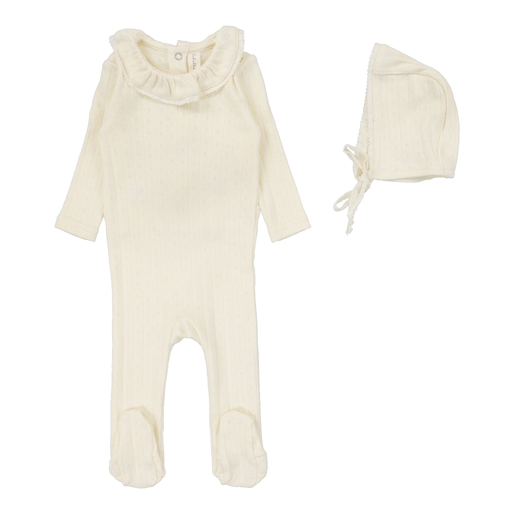 Fine pointelle collar footie set - Cream ruffle