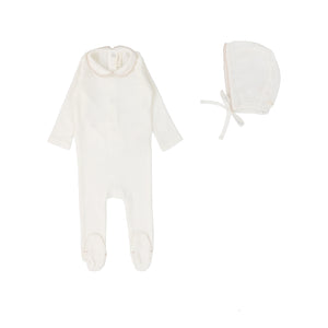 Edged collar footie set - Winter white/blush