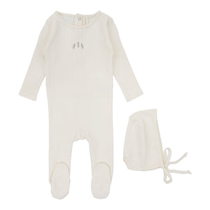 Striped pointelle footie and bonnet - cream/branch