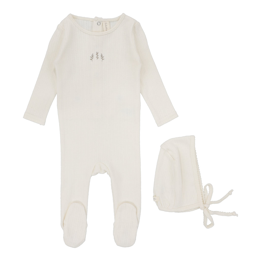 Striped pointelle footie and bonnet - cream/branch