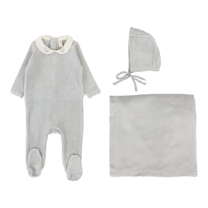 Velour collar layette set - dusty blue