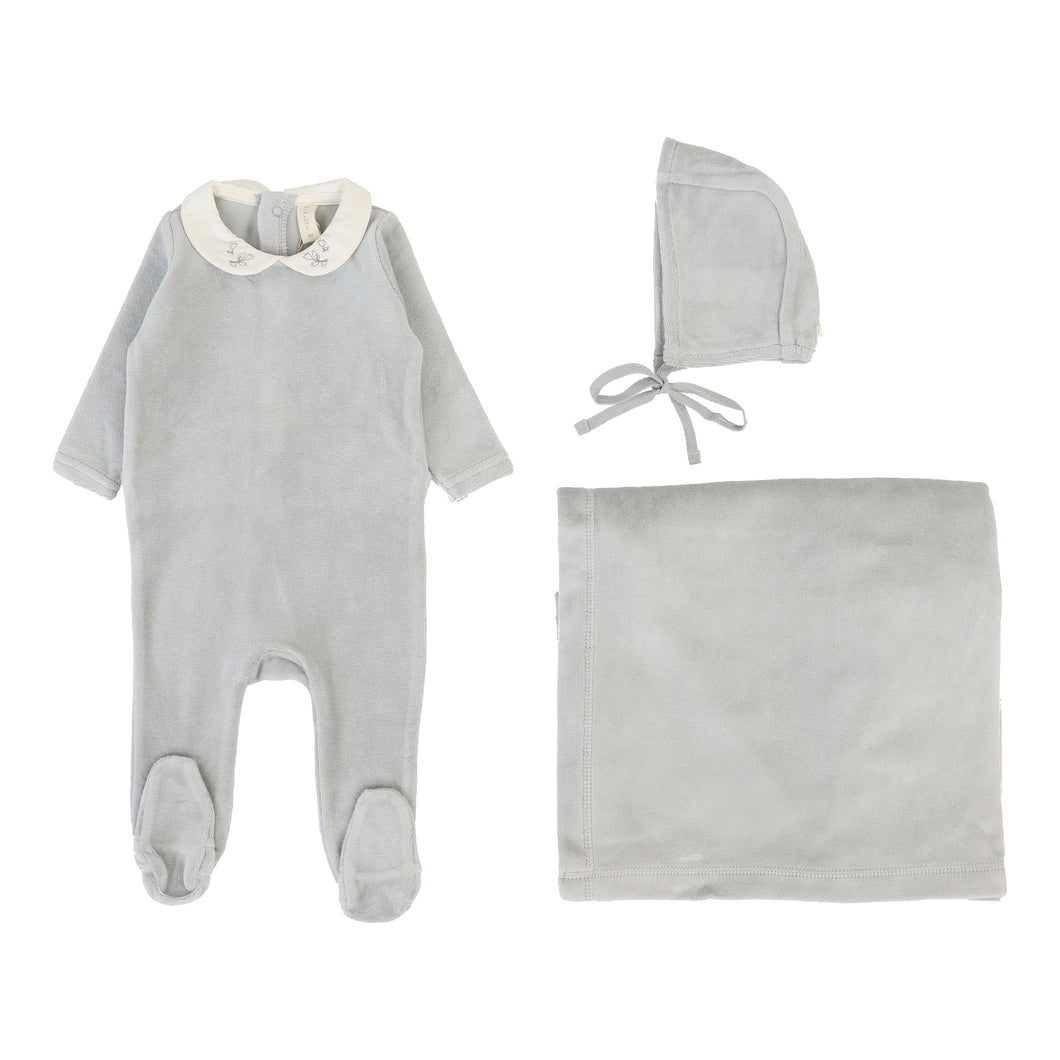 Velour collar layette set - dusty blue