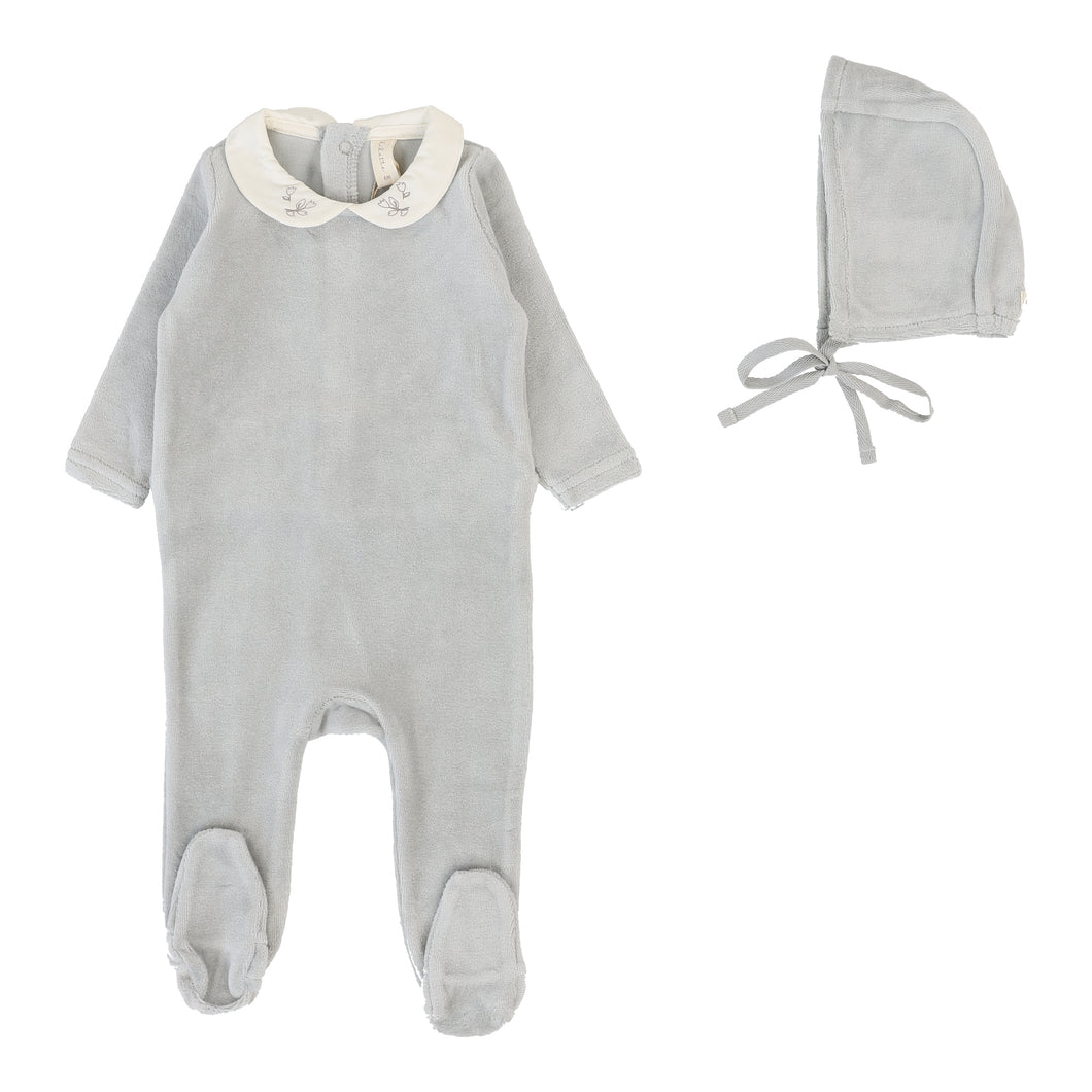 Velour collar footie set - dusty blue