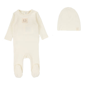 Pointelle emblem footie set - Cream