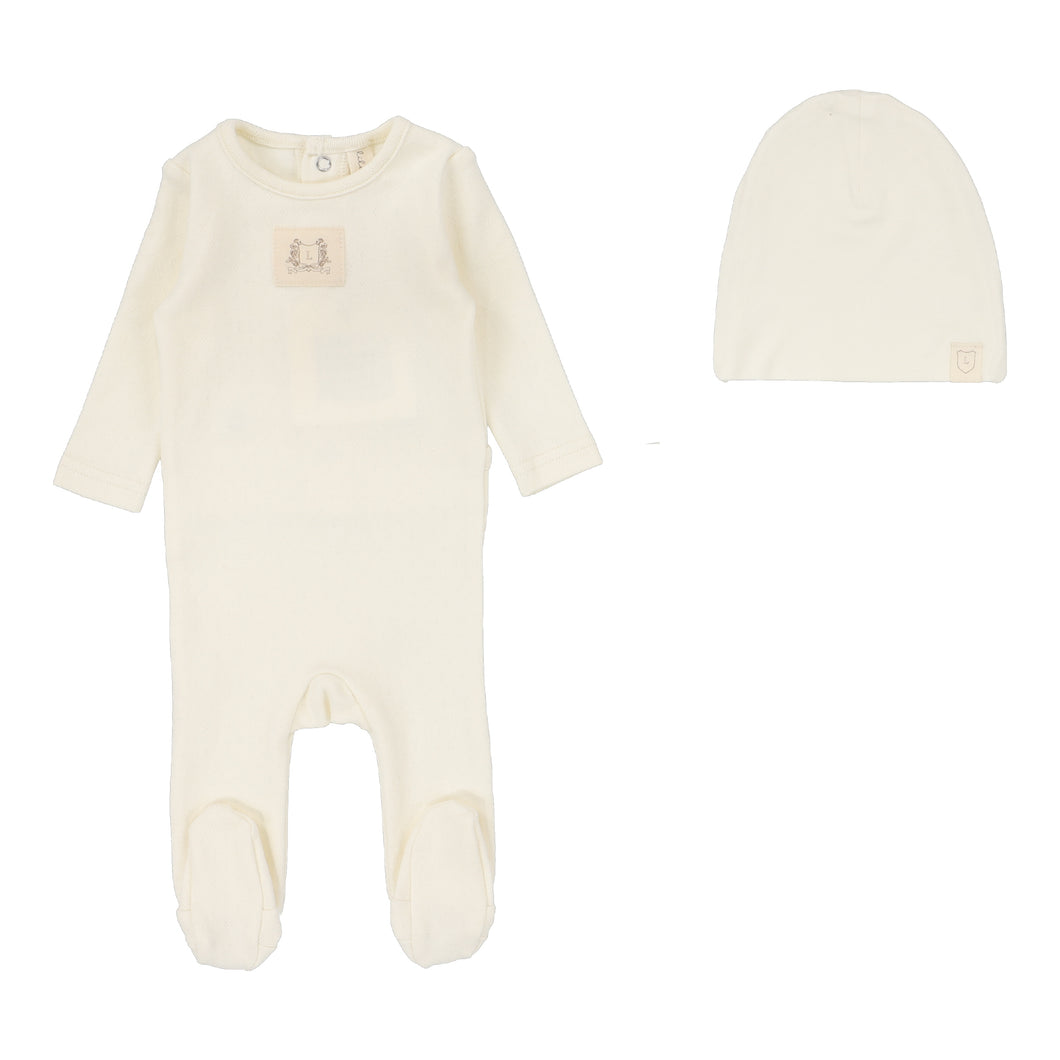 Pointelle emblem footie set - Cream