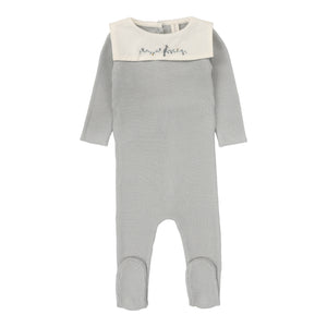 Knit collar footie and bonnet - soft blue