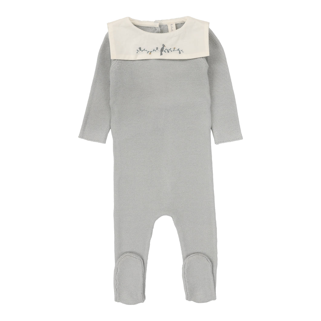 Knit collar footie and bonnet - soft blue